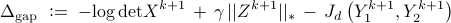  	Delta_{mathrm{gap}} 	; mathrel{mathop:}= ; 	-{rm log,det} X^{k+1} ,+, gamma,||Z^{k+1}||_* , - , J_d left(Y_1^{k+1}, Y_2^{k+1} right) 