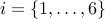 i = { 1, ldots, 6 }