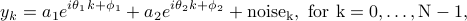  y_{k}=a_1 e^{itheta_1k+phi_1}+a_2 e^{itheta_2k+phi_2}+rm{noise}_k, rm{~for~} k=0,ldots,{N-1}, 