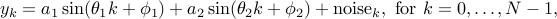  y_{k}=a_1 sin(theta_1k+phi_1)+a_2 sin(theta_2k+phi_2)+mbox{noise}_k, mbox{~for~} k=0,ldots,{N-1}, 