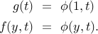  begin{array}{rcl} g (t)  & !! = !! & phi(1,t)  [0.15cm] f (y, t) & !! = !! & phi(y, t). end{array} 